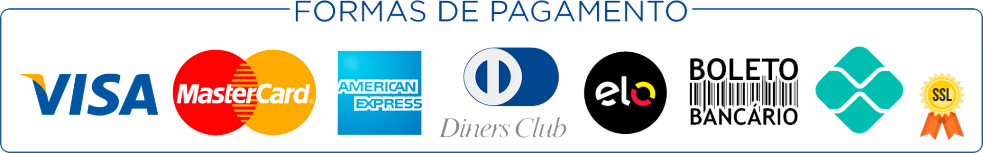 Formas de pagamento aceitas: Visa, MasterCard, American Express, Diners Club, Elo, boleto bancário, Pix e site seguro SSL